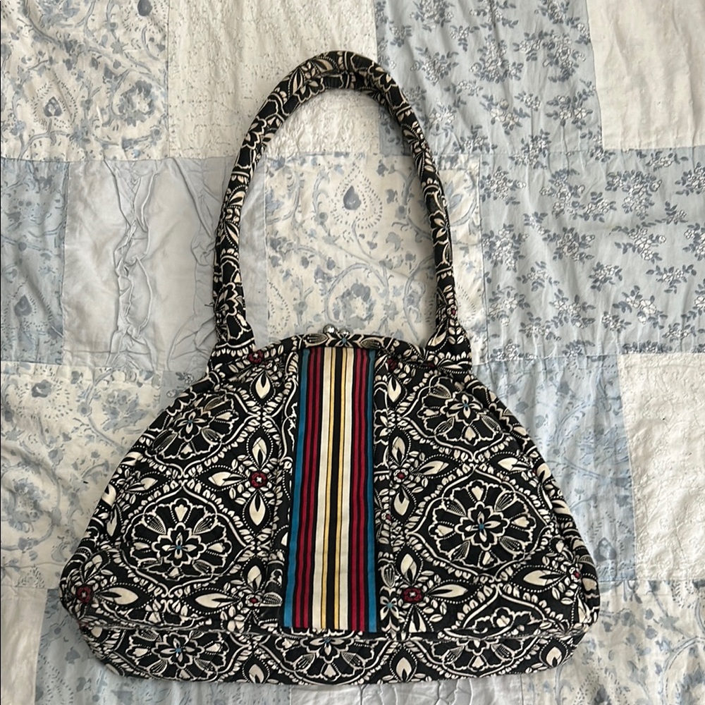 Vera Bradley Floral Black and White Kisslock Tote Shoulder Bag